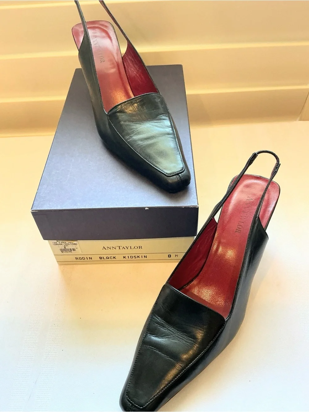 Vintage Ann Taylor, Black Leather Square Toe Slingback Heels, Italy Size 8M